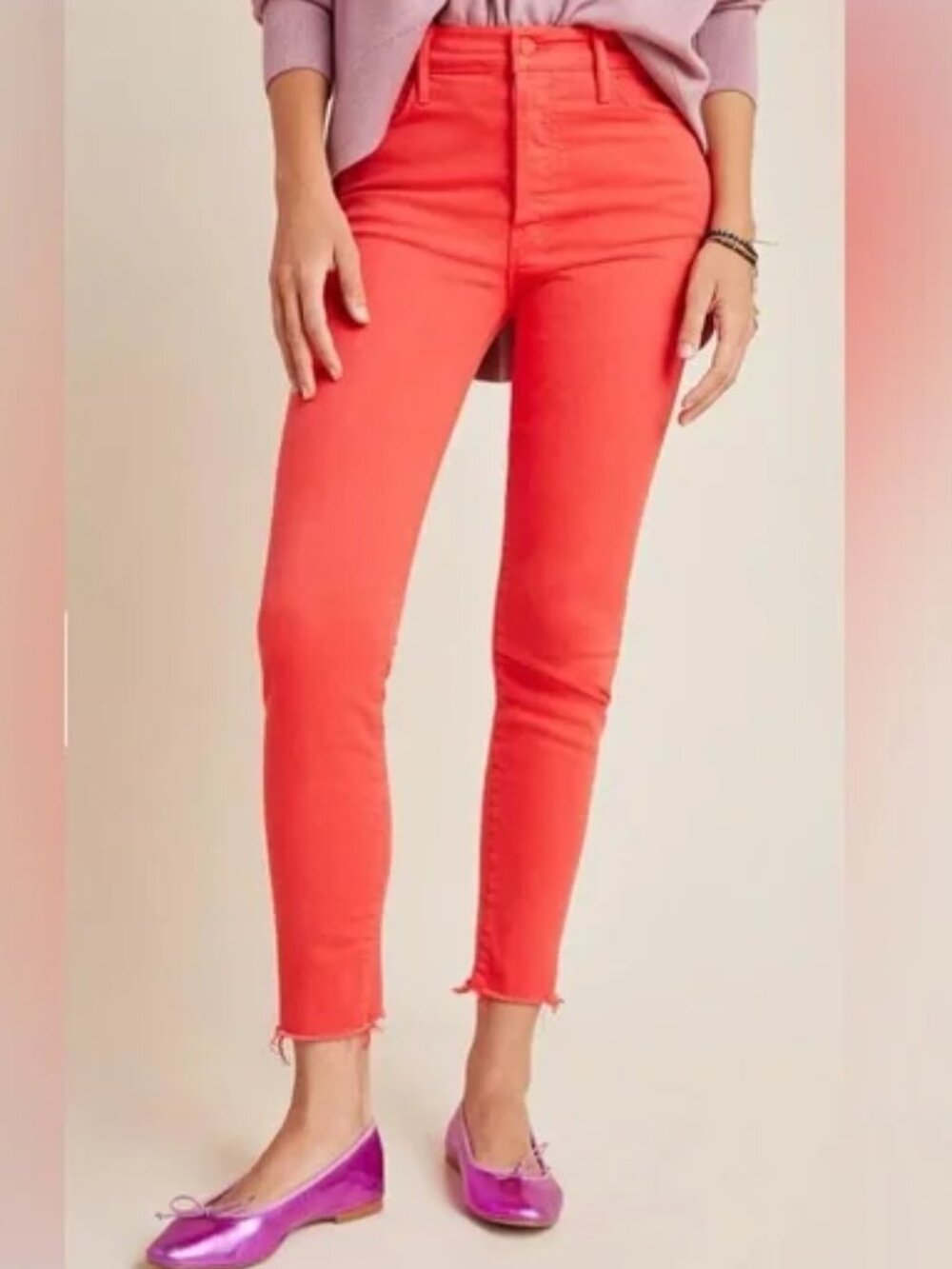 MOTHER THE STUNNER ANKLE FRAY HIGH RISE JEANS PLAY DATE TOMATO STRETCH sz 25